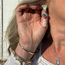 Load image into Gallery viewer, Close-up of a person wearing turquoise earrings and a bracelet with a neutral background
